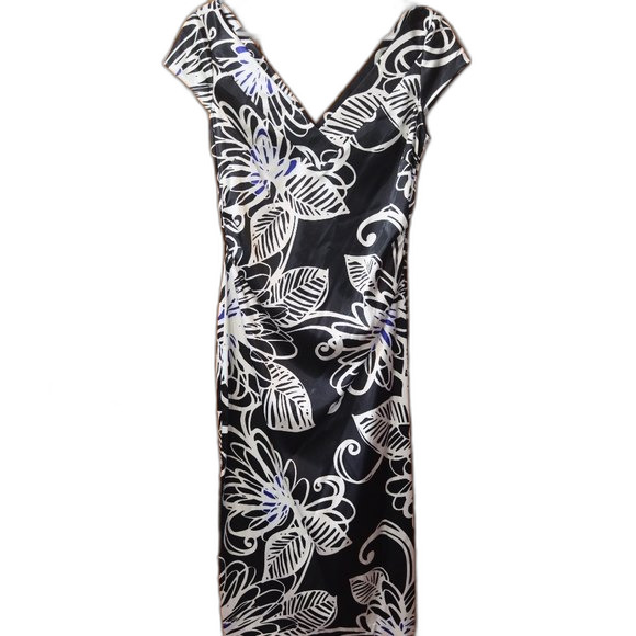 Maggie London Black White Seaside Floral Midi V-Neck Dress 12 Semi-Formal Spring - Picture 2 of 13
